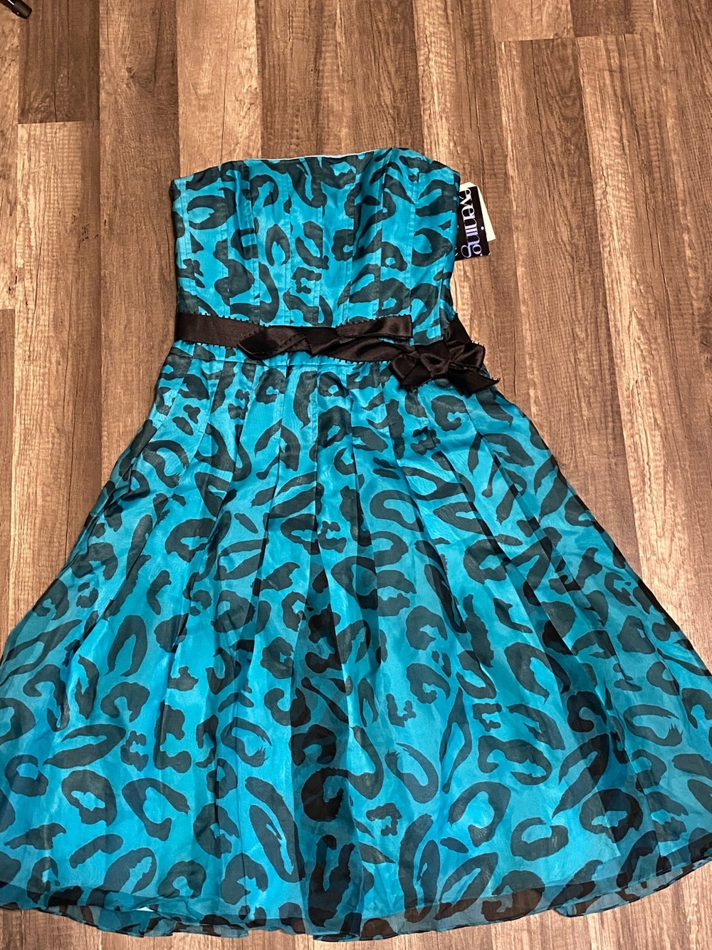 Kay Unger Teal and Black Strapless Animal-Print Cocktail Dress